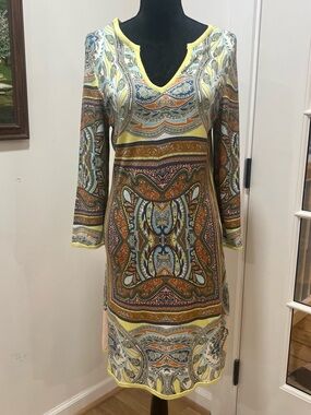 Paisley V-Neck Long Sleeve Dress in Yellow Multi